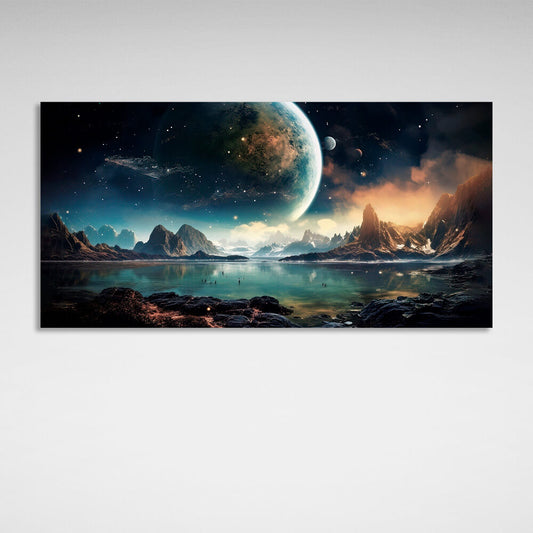 Space planet, lake and mountains Canvas Wall Art Print