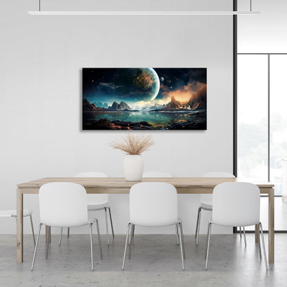 Space planet, lake and mountains Canvas Wall Art Print