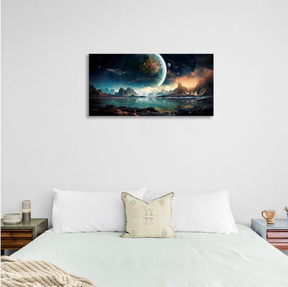 Space planet, lake and mountains Canvas Wall Art Print