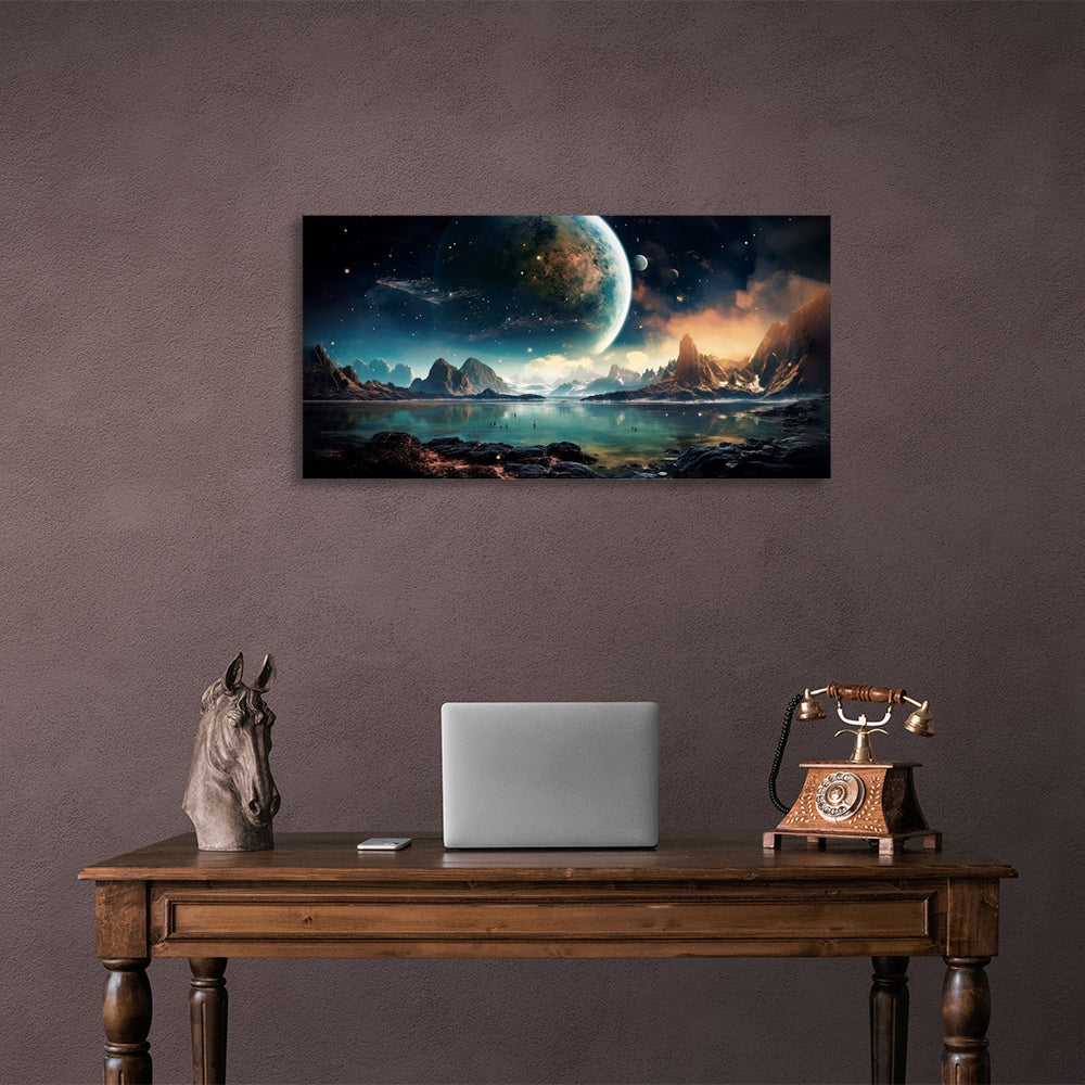 Space planet, lake and mountains Canvas Wall Art Print