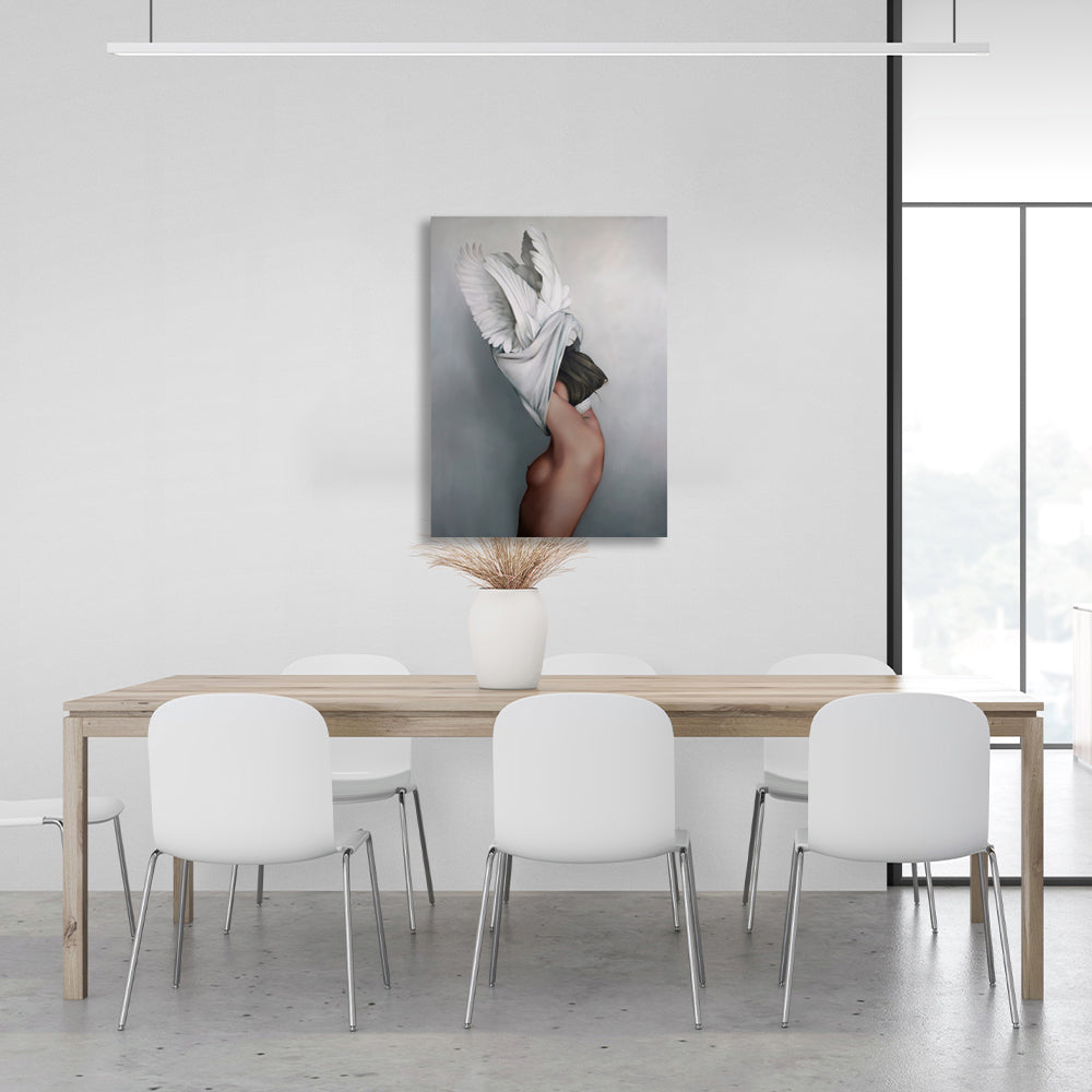 Woman with wings on gray background Canvas Wall Art Print