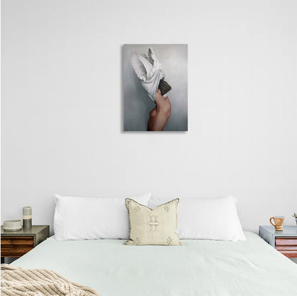 Woman with wings on gray background Canvas Wall Art Print