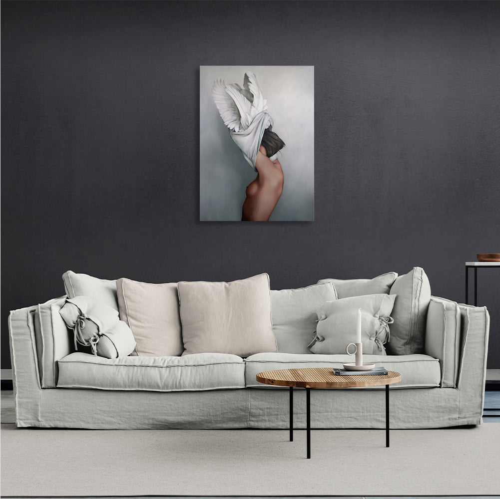 Woman with wings on gray background Canvas Wall Art Print