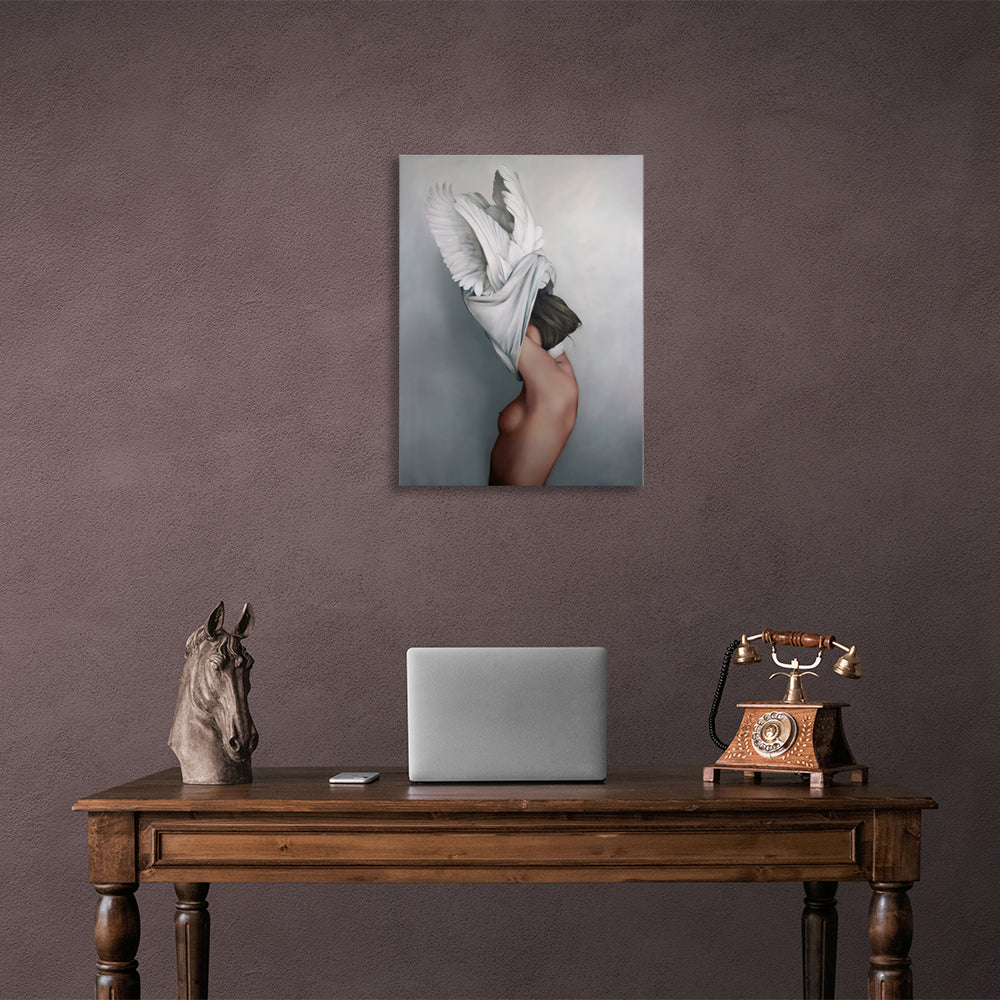 Woman with wings on gray background Canvas Wall Art Print