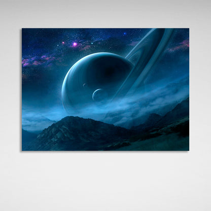 Space Saturn and the mountains Canvas Wall Art Print