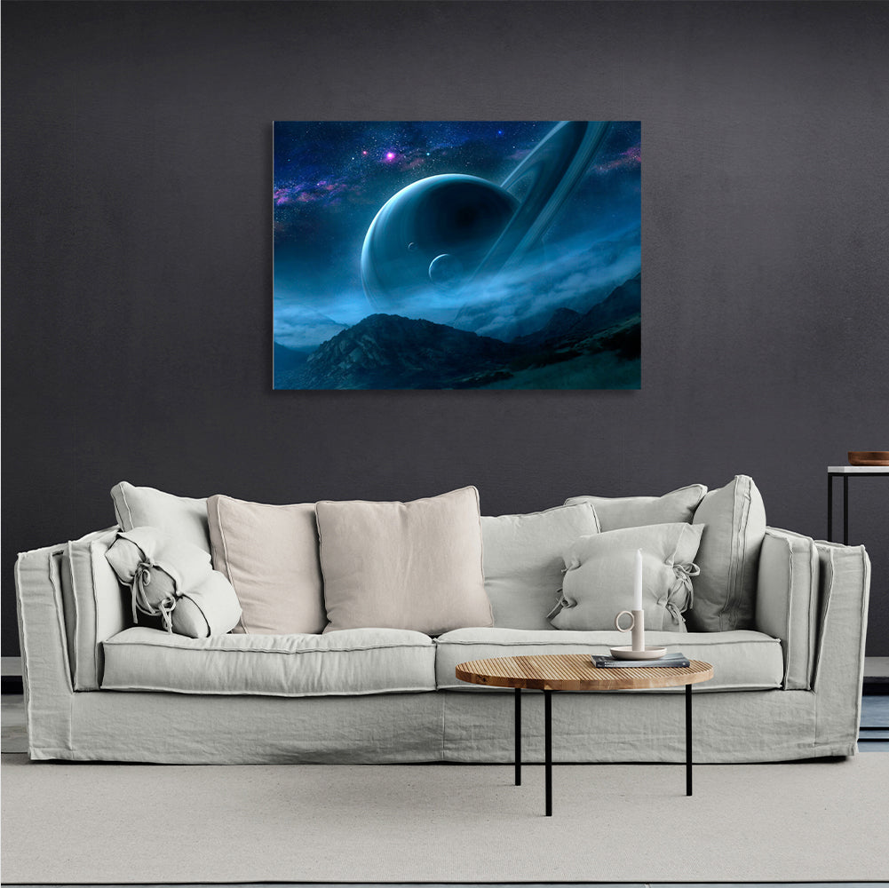 Space Saturn and the mountains Canvas Wall Art Print