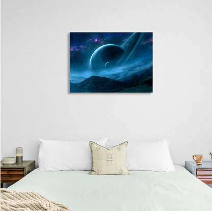 Space Saturn and the mountains Canvas Wall Art Print