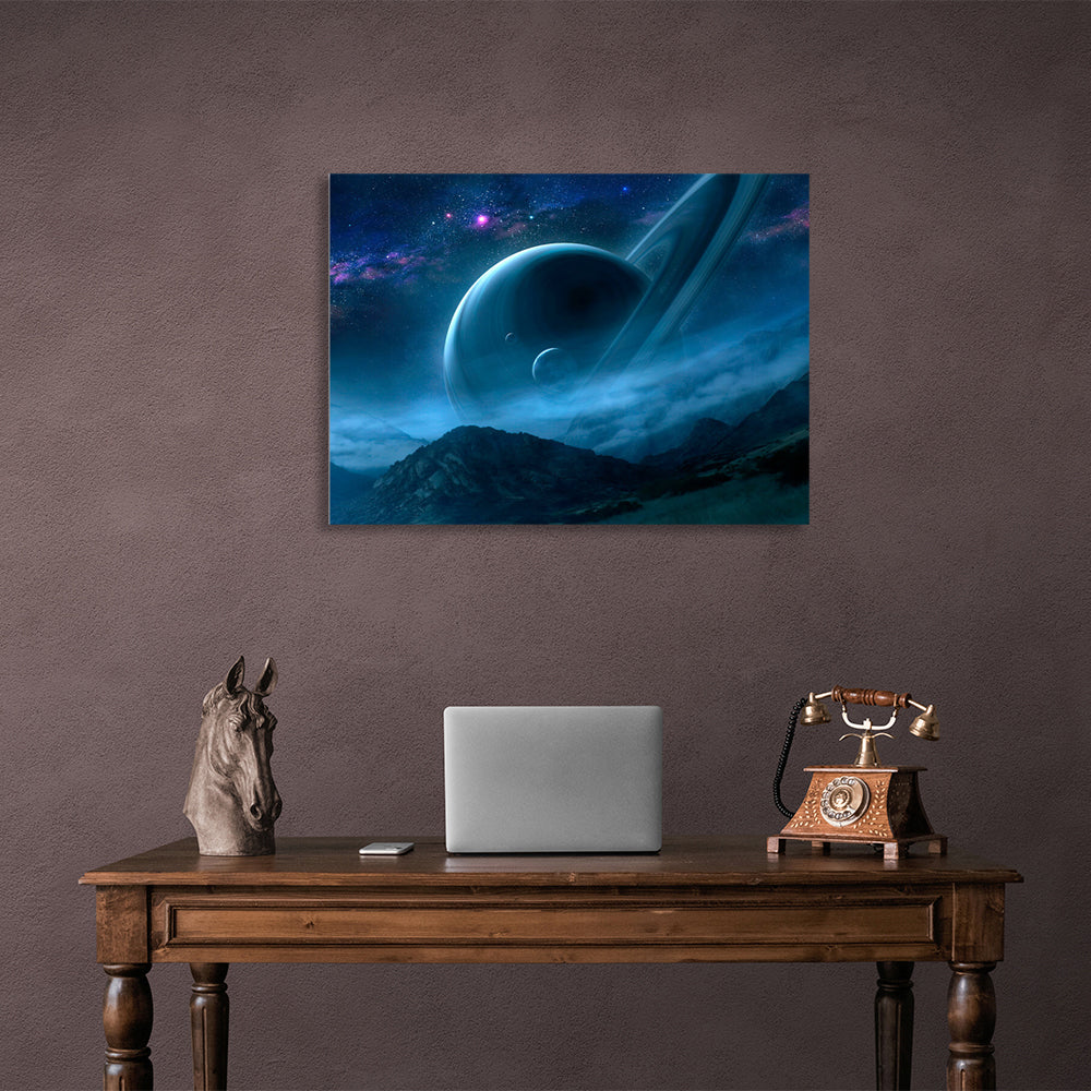 Space Saturn and the mountains Canvas Wall Art Print