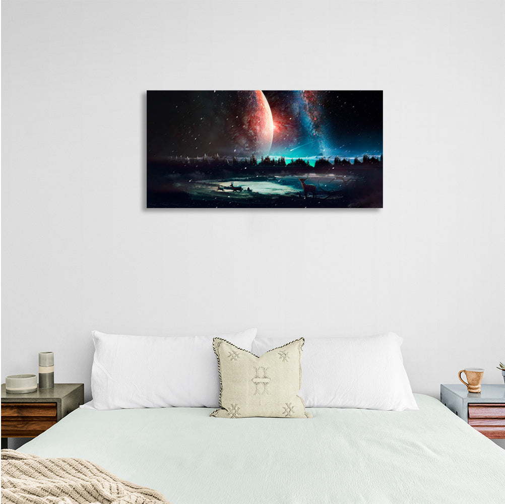 Space and deer in the forest Canvas Wall Art Print