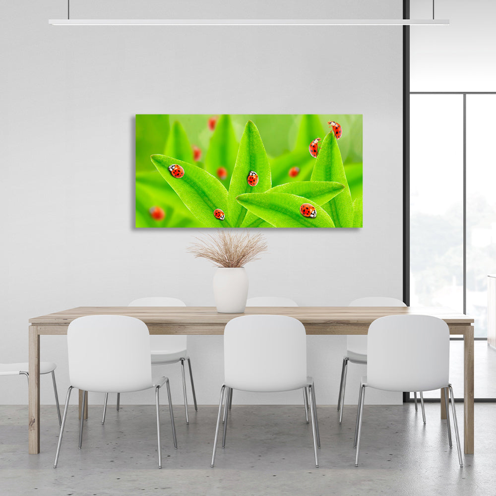 Green leaves and ladybugs Canvas Wall Art Print