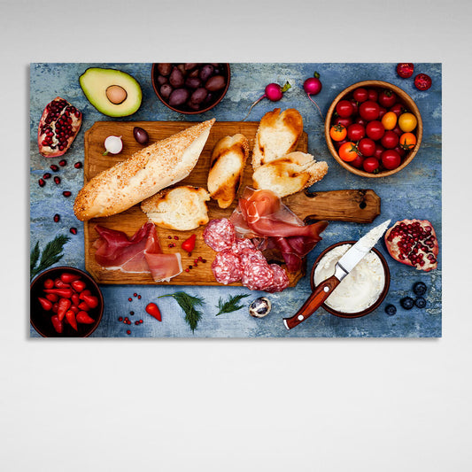 Baguette, sausage, tomato, avocado. Canvas Wall Art Print For Kitchen