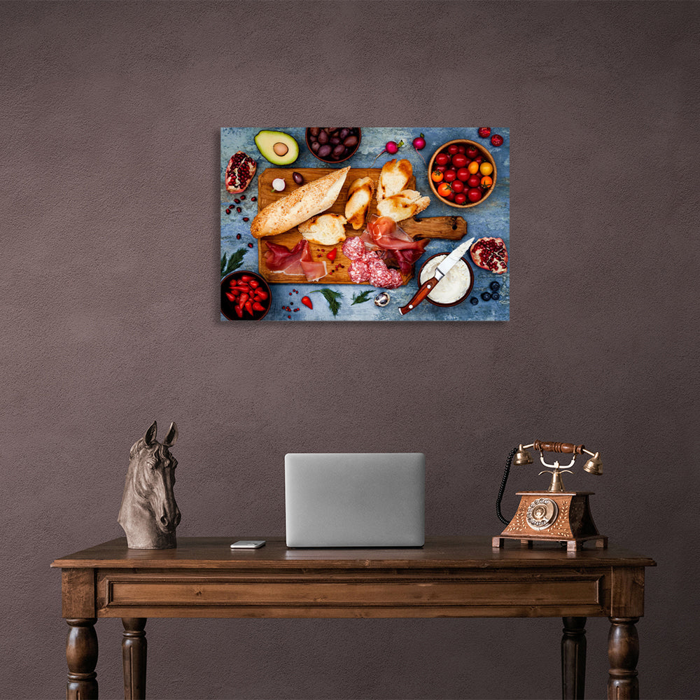 Baguette, sausage, tomato, avocado. Canvas Wall Art Print For Kitchen