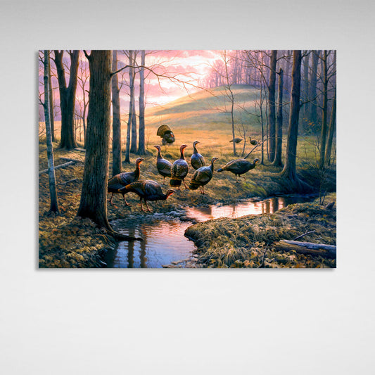 Turkeys in the woods Canvas Wall Art Print