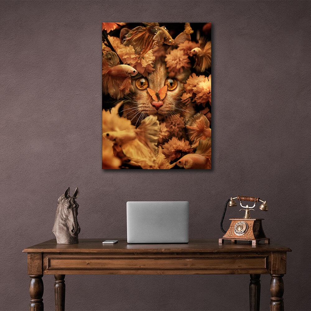 For home Red cat, flowers and fish Canvas Wall Art Print