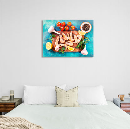 Shrimp, garlic, tomatoes. Canvas Wall Art Print For Kitchen