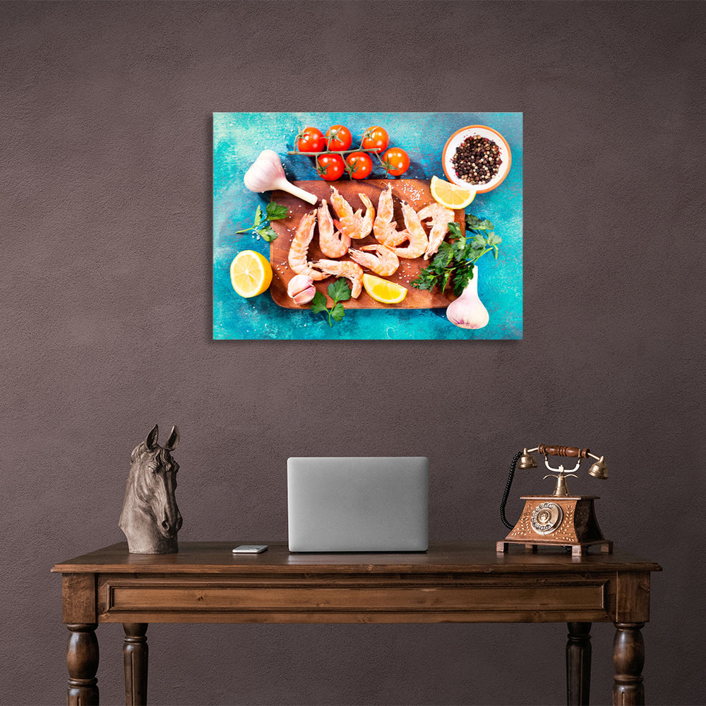 Shrimp, garlic, tomatoes. Canvas Wall Art Print For Kitchen