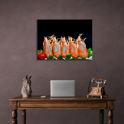 Shrimp on a black background Canvas Wall Art Print For Kitchen