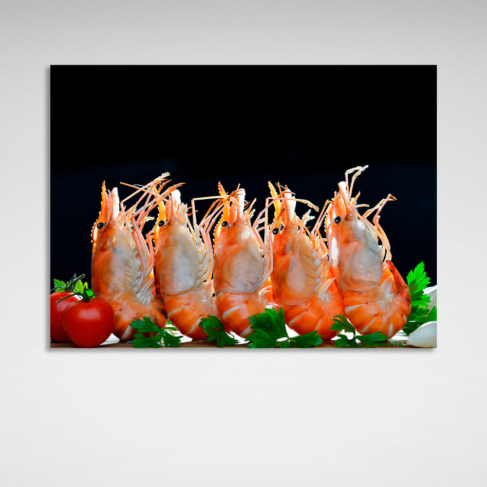 Shrimp on a black background Canvas Wall Art Print For Kitchen