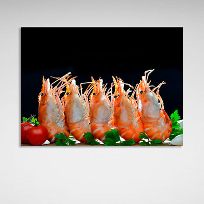 Shrimp on a black background Canvas Wall Art Print For Kitchen