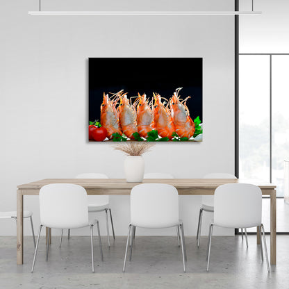 Shrimp on a black background Canvas Wall Art Print For Kitchen