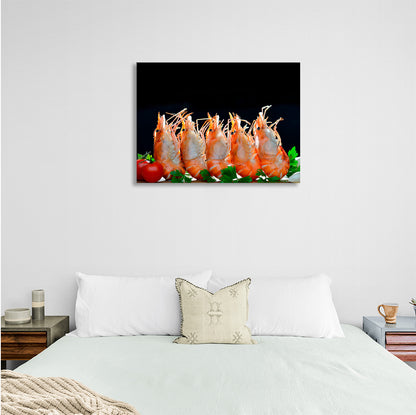 Shrimp on a black background Canvas Wall Art Print For Kitchen