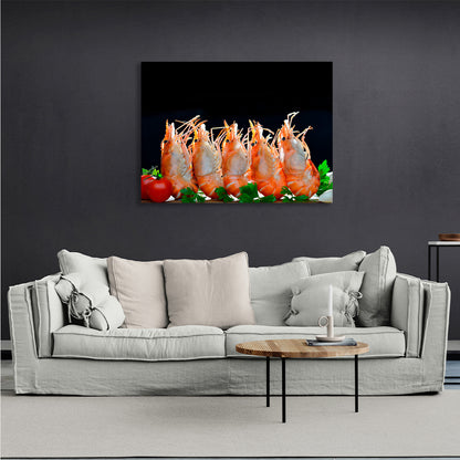 Shrimp on a black background Canvas Wall Art Print For Kitchen