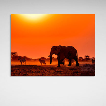 An elephant with zebras Canvas Wall Art Print