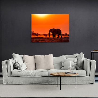 An elephant with zebras Canvas Wall Art Print