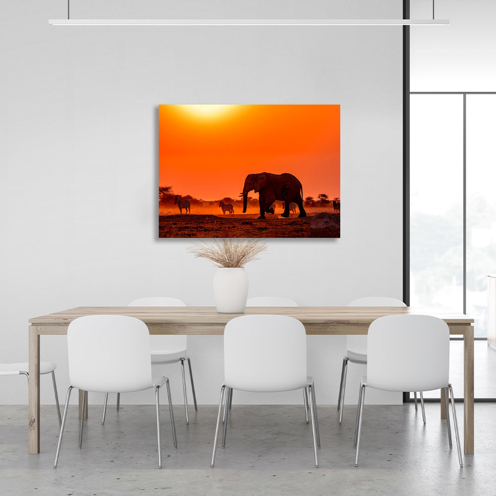 An elephant with zebras Canvas Wall Art Print