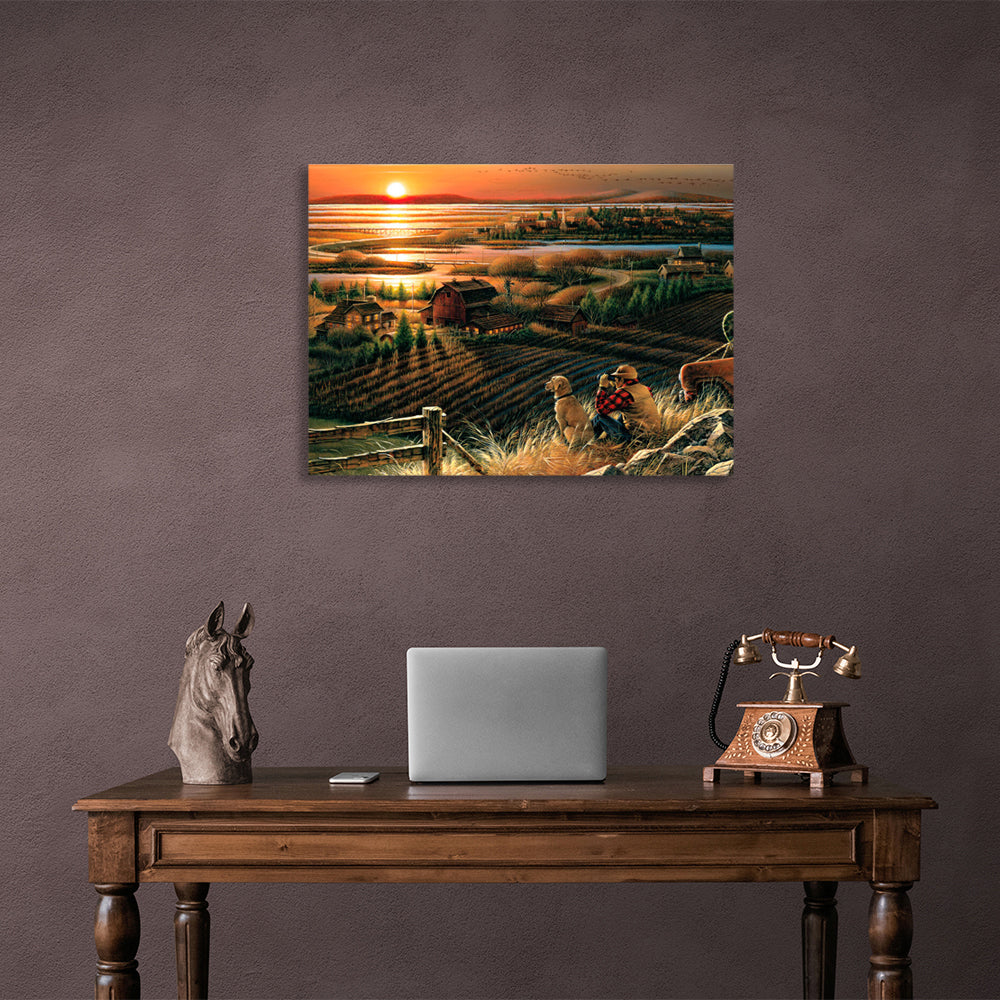 A man with a dog near a field Canvas Wall Art Print