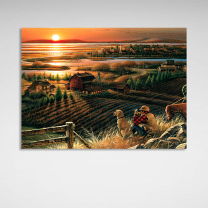 A man with a dog near a field Canvas Wall Art Print