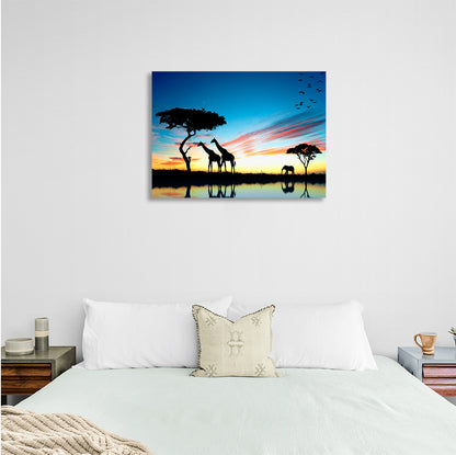 Giraffes and elephant Canvas Wall Art Print