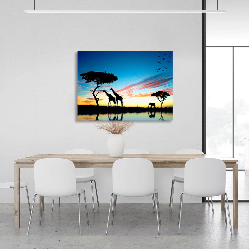 Giraffes and elephant Canvas Wall Art Print