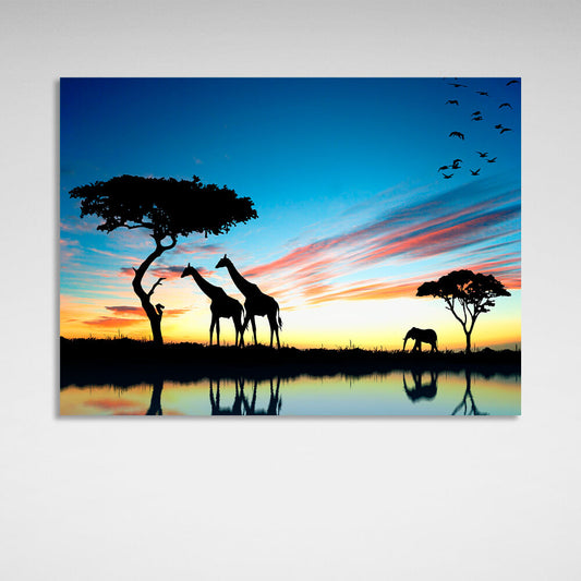 Giraffes and elephant Canvas Wall Art Print