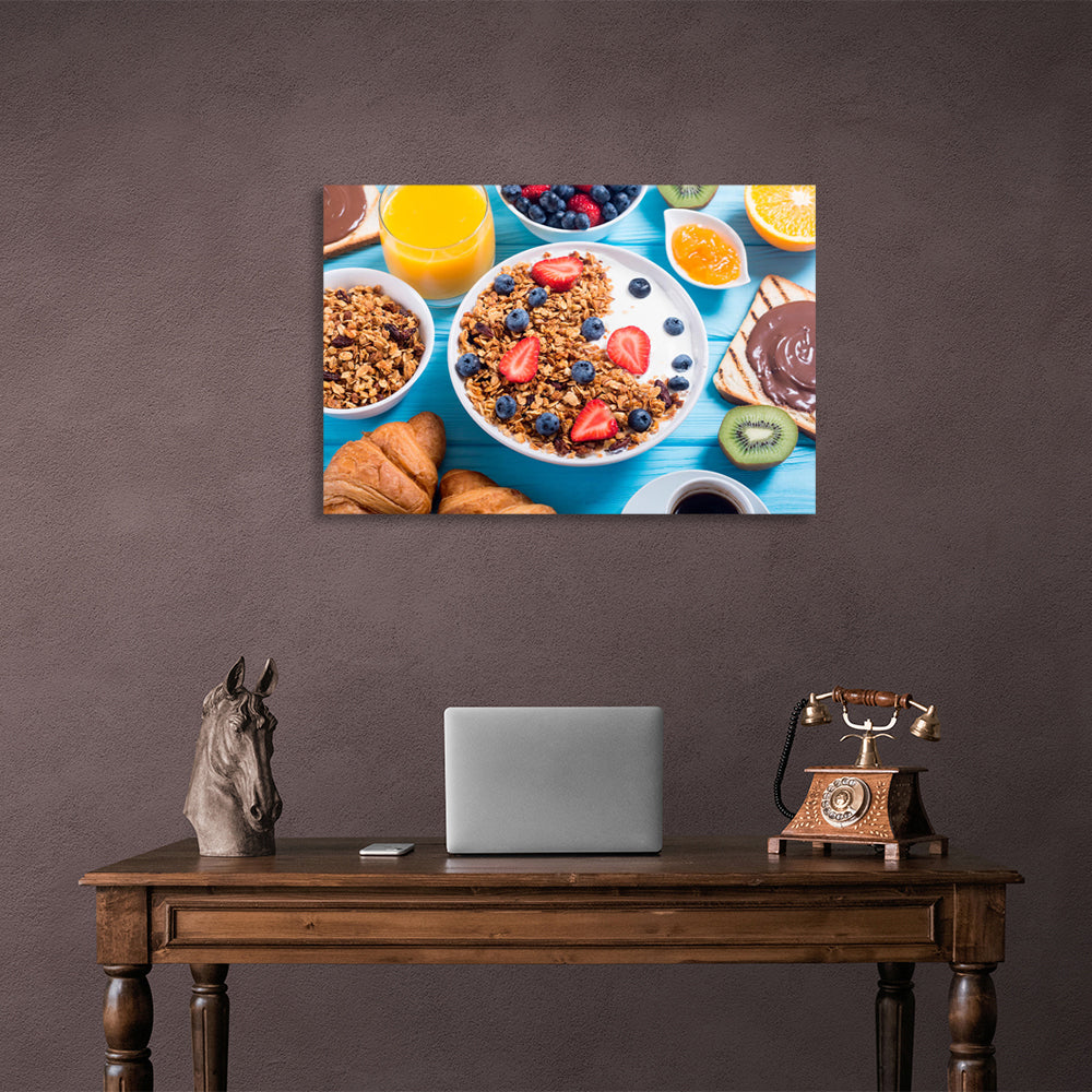 Oatmeal porridge with berries and milk Canvas Wall Art Print For Kitchen