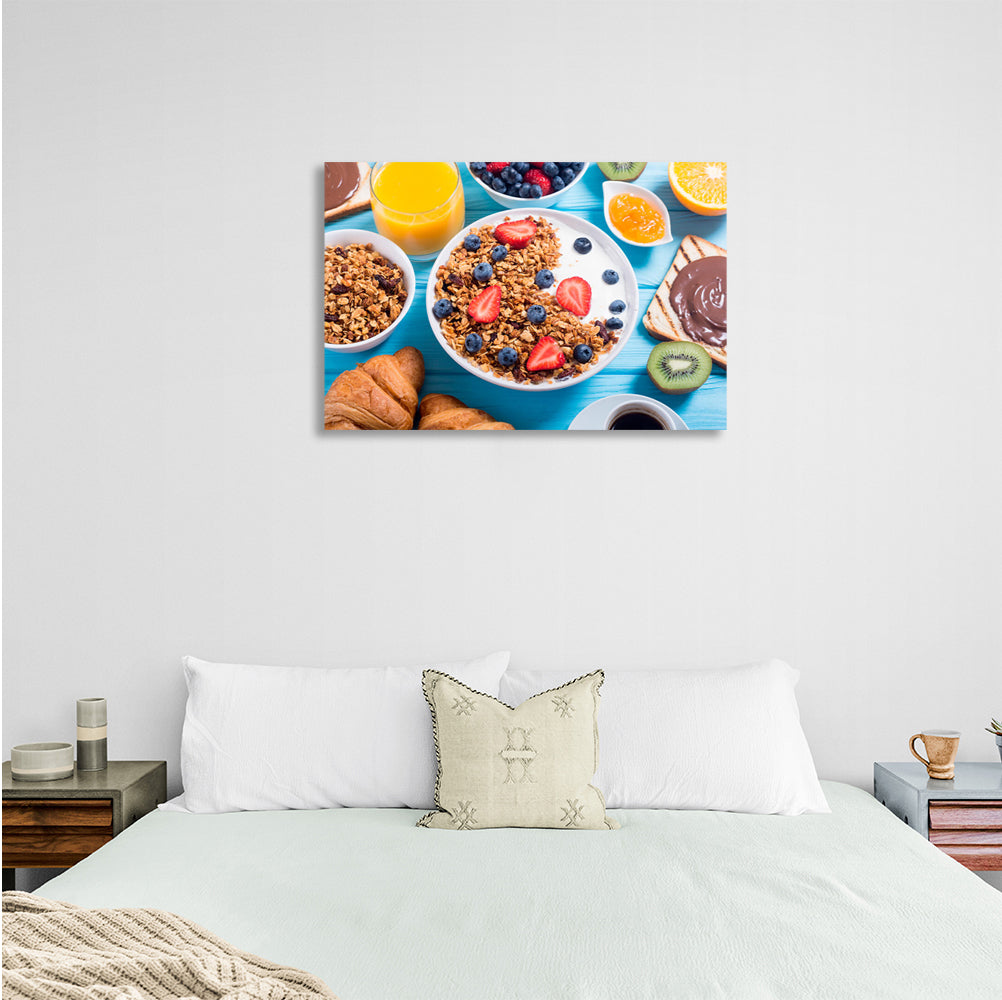 Oatmeal porridge with berries and milk Canvas Wall Art Print For Kitchen