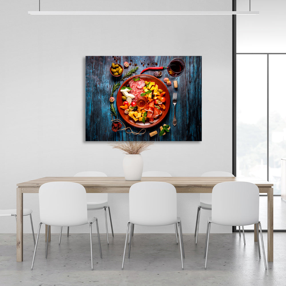 Sausage, cheese, olives Canvas Wall Art Print For Kitchen