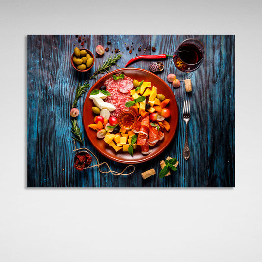 Sausage, cheese, olives Canvas Wall Art Print For Kitchen