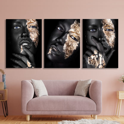 Modular of three parts Girl with gold on a black background Multi Panel Canvas Wall Art Print