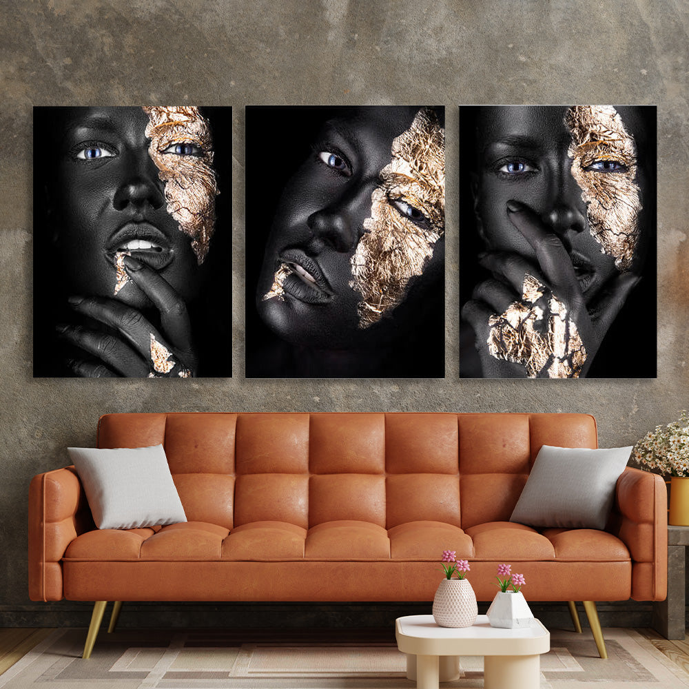 Modular of three parts Girl with gold on a black background Multi Panel Canvas Wall Art Print