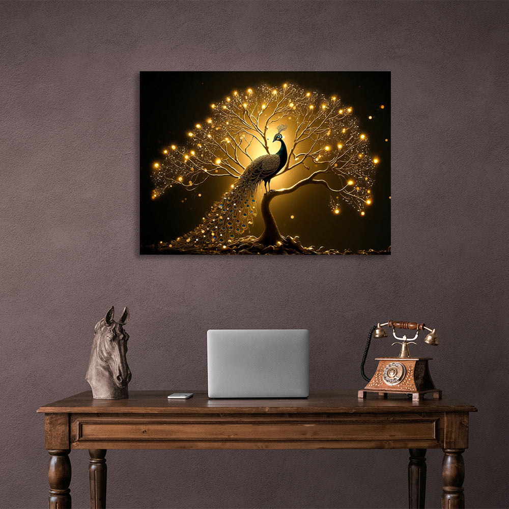 Black and gold peacock bird Canvas Wall Art Print