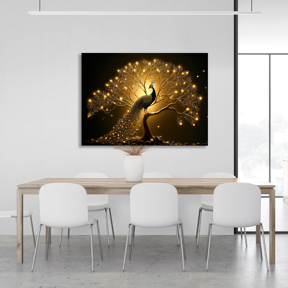 Black and gold peacock bird Canvas Wall Art Print