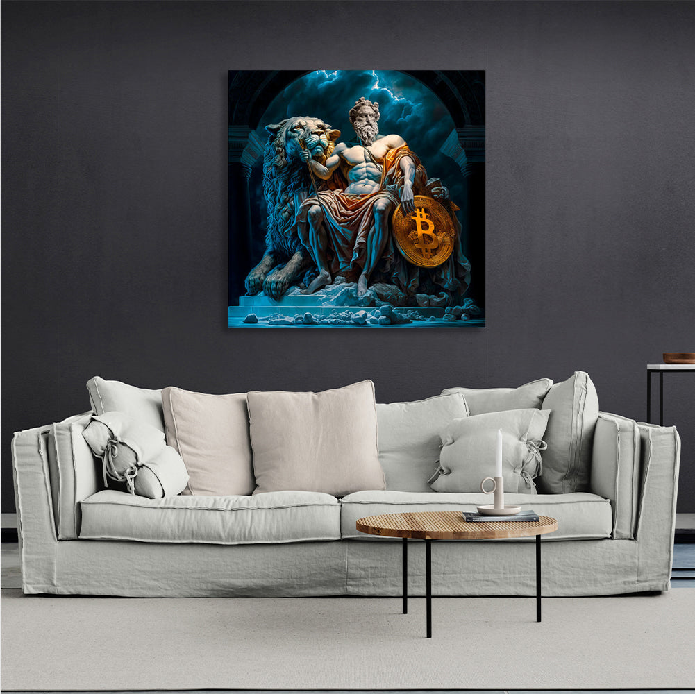 Statues of Zeus and a lion with bitcoin Inspirational Canvas Wall Art Print