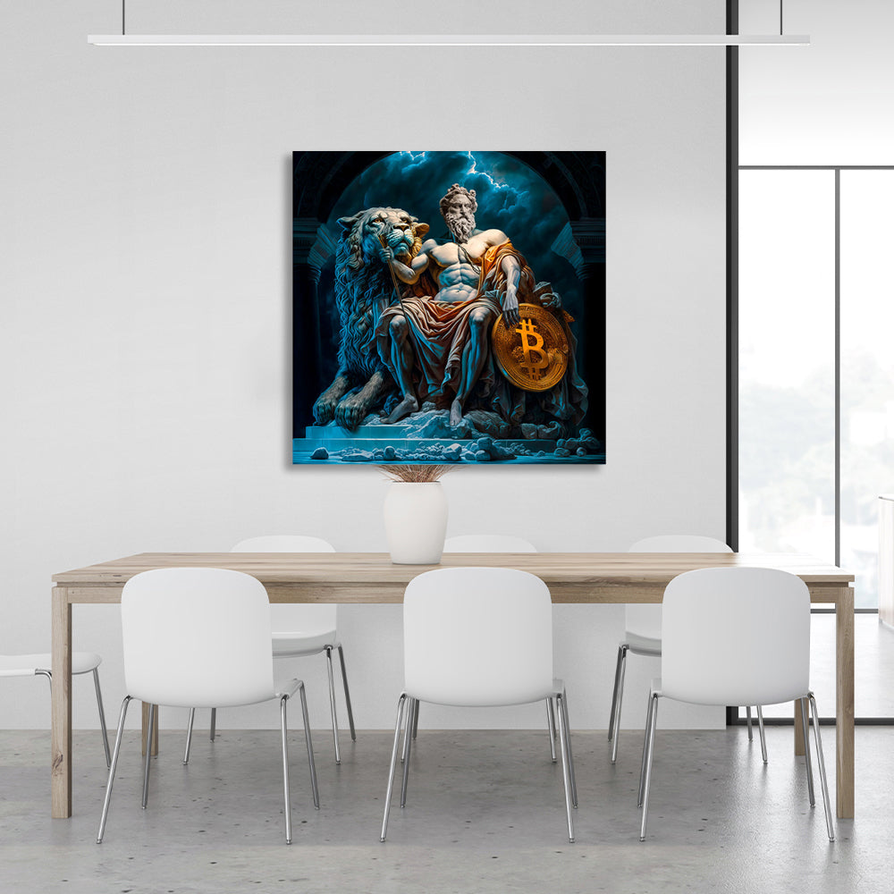 Statues of Zeus and a lion with bitcoin Inspirational Canvas Wall Art Print