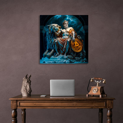 Statues of Zeus and a lion with bitcoin Inspirational Canvas Wall Art Print