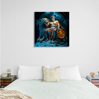 Statues of Zeus and a lion with bitcoin Inspirational Canvas Wall Art Print