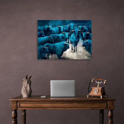 Blue bulls on a gray background Canvas Wall Art Print