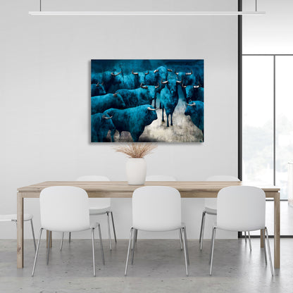 Blue bulls on a gray background Canvas Wall Art Print