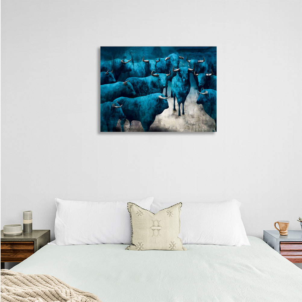 Blue bulls on a gray background Canvas Wall Art Print