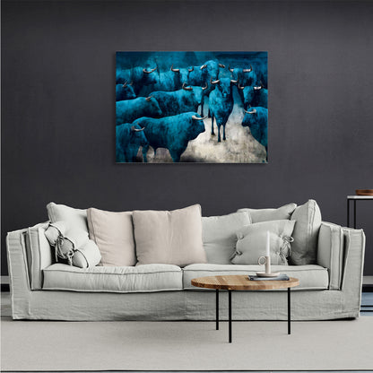 Blue bulls on a gray background Canvas Wall Art Print